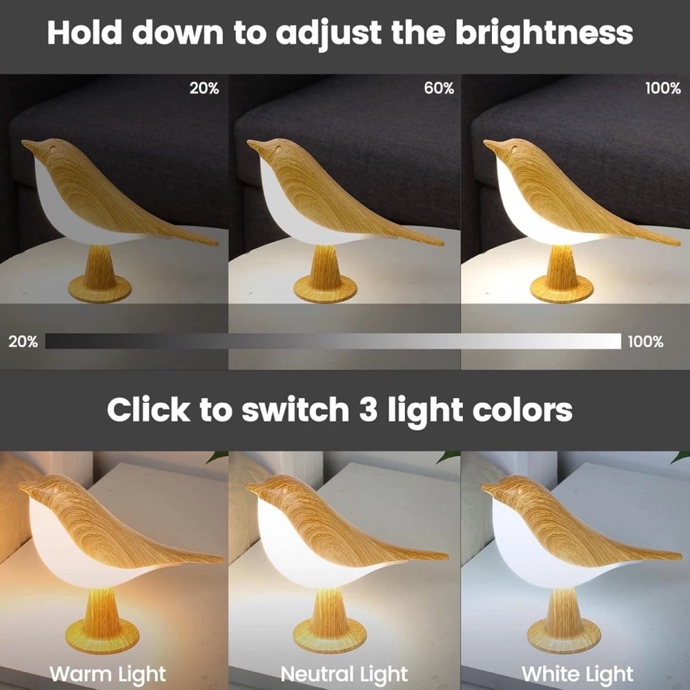 Make offer! Cordless Dimmable Magpie Bird Table Lamp Wooden design -NEW in box - Picture 4 of 9